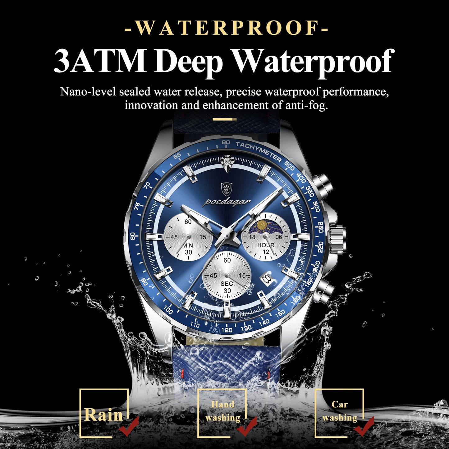 POEDAGAR Blue Chronograph Elite