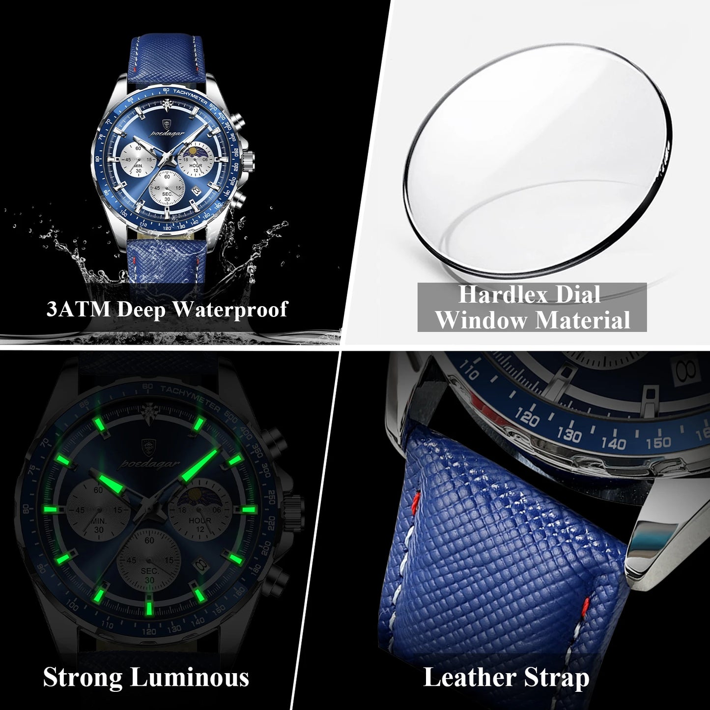 POEDAGAR Blue Chronograph Elite